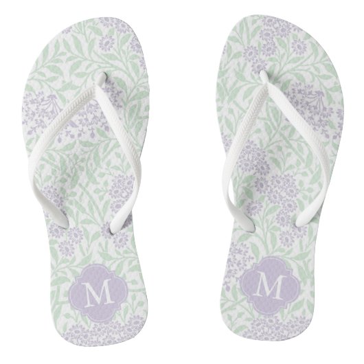 Green und Lavendel Floral Damask Mit Monogramm Badesandalen (Fußbett)