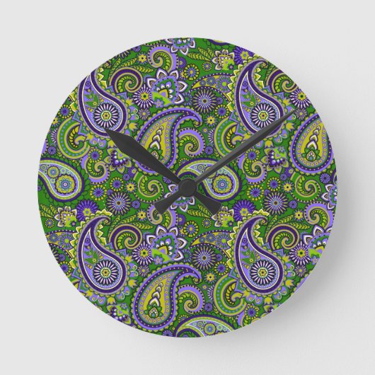 Green und Lila Paisley Runde Wanduhr (Vorderseite)
