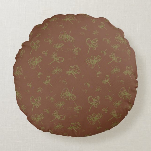 Green und Marron Red Floral Rundes Kissen (Vorderseite)