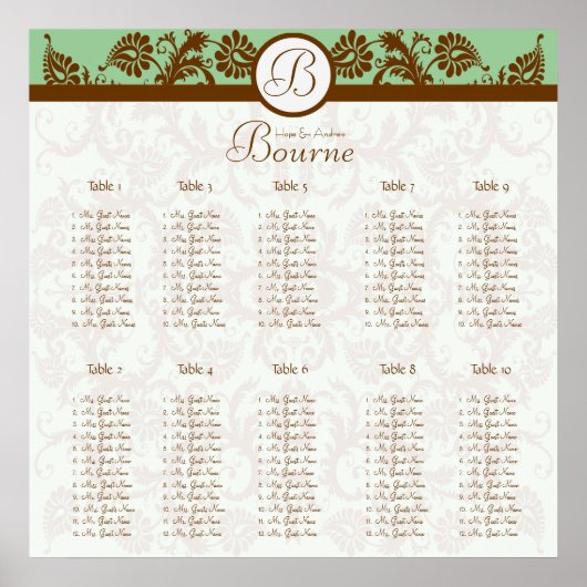 Green und Mocha Damask Sitzkarte 10 Tische Poster (Vorne)