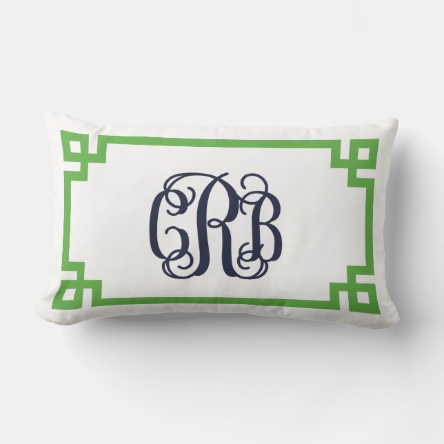 Green und Navy Griechisch Key Script Monogram CRB Lendenkissen (Vorderseite)