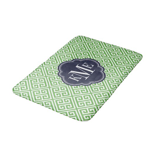 Green und Navy griechisches Schlüsselmonogramm Badematte (Schrägansicht)