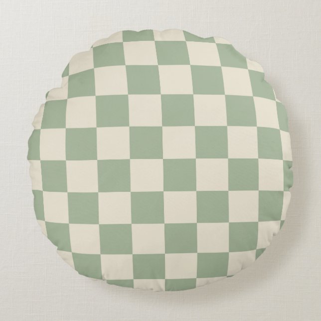 Green und Off White Checkerboard Rundes Kissen (Vorderseite)