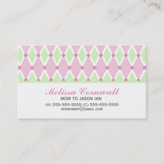 Green und Pink Diamonds Pattern Mommy Cards Telefonnummerkarte (Vorderseite)