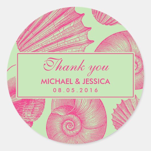 Green und Pink Seashell Wedding Danke Sticker (Vorderseite)