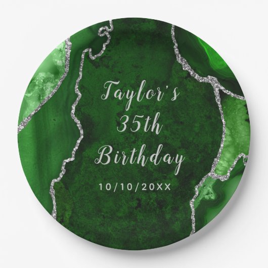 Green und Silver Agate Marble Geburtstag Pappteller (Vorderseite)