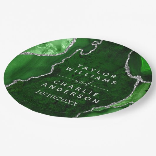 Green und Silver Agate Marmorhochzeit Pappteller (Schrägansicht)