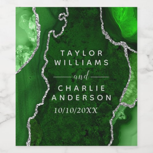 Green und Silver Agate Marmorhochzeit Weinetikett (Einzelnes Label)