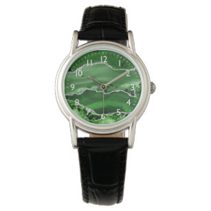 Green und Silver Imitate Glitzer Marble Agate Armbanduhr