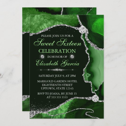 Green und Silver Imitats Glitzer Agate 16 . Geburt Einladung (Vorne/Hinten)