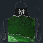 Green und Silver Marble Agate Schürze<br><div class="desc">Diese Schürze besticht durch einen eleganten und glamourösen Marmorhintergrund mit geode gemstone Details und Imitaten silbernen Glitzer Akzenten. Das Monogramm kombiniert handgeschriebene Skripte mit modernen serifenlosen Schriftart für ein elegantes und raffiniertes Aussehen. Dies wird das ideale Geschenk, da es mit einem Namen und Initial angepasst werden kann. Die tiefen, grünen...</div>