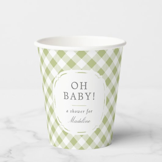 Green und White Gingham Pattern Oh Baby Dusche Pappbecher (Vorderseite)