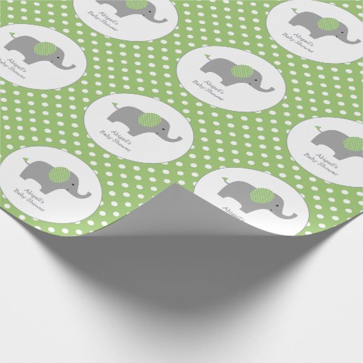 Green und White Polka Dot Elephant Baby Dusche Geschenkpapier (Ecke)