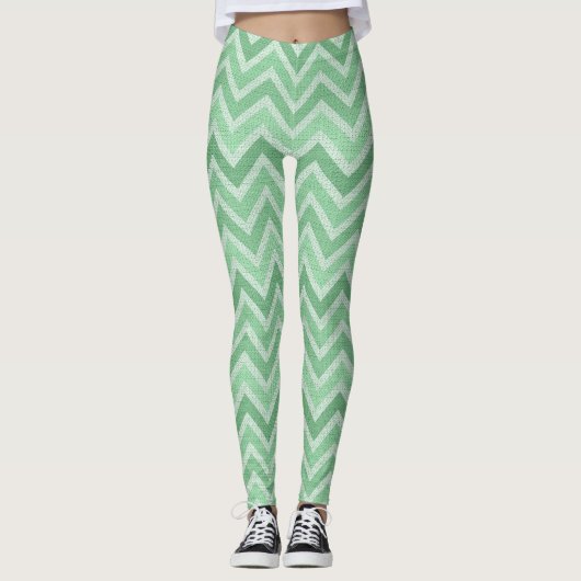 Green und White Zigzag Zickzack Leggings (Vorderseite)