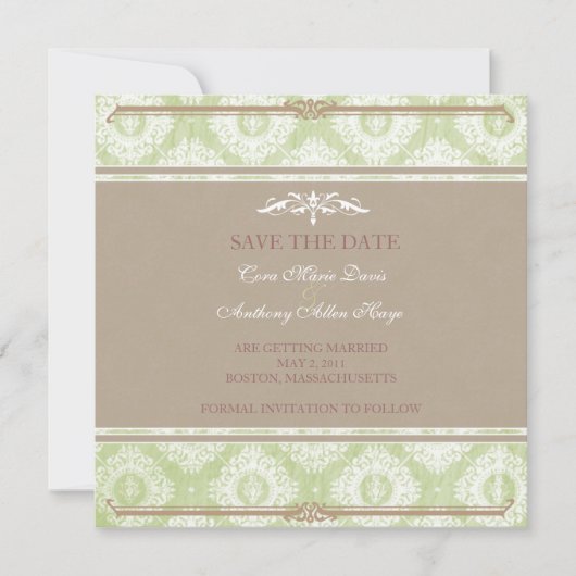 Green Victoria Damask Save the Date Karte (Vorderseite)