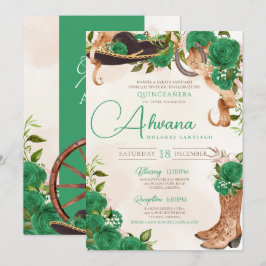 Green Vintag Charra Quinceanera Western Rose Einladung