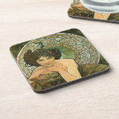 Green Vintag Emerald Temptress Art Nouveau Mucha Getränkeuntersetzer (Linke Seite)