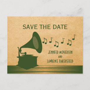 Green Vintag Gramophon Save the Date Postkarte