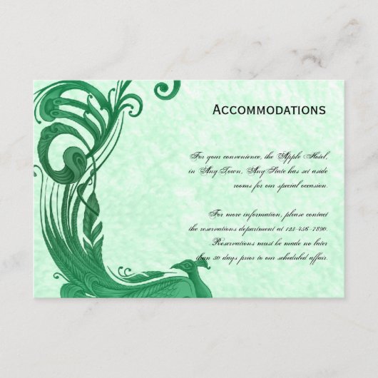 Green Vintag Peacock Accomodation Card Begleitkarte (Vorderseite)