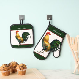 Green Vintag Rooster Personalisierter Monogramm-Na Ofenhandschuh & Topflappen-Set