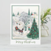 Green Vintage Weihnachts-Pferd Schlitten Feiertagskarte (Stehend Vorderseite)