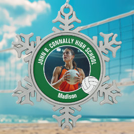 Green Volleyball Player Photo High School Schneeflocken Zinn-Ornament