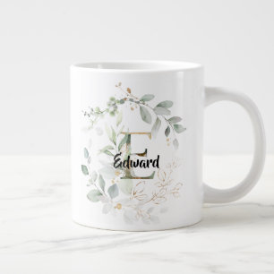 Green w Gold Blätter Monogram Initial 'E' Name Jumbo-Tasse