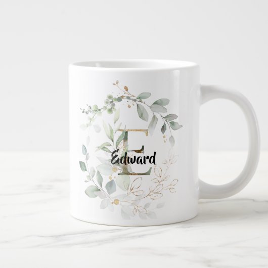 Green w Gold Blätter Monogram Initial 'E' Name Jumbo-Tasse (Rechts)