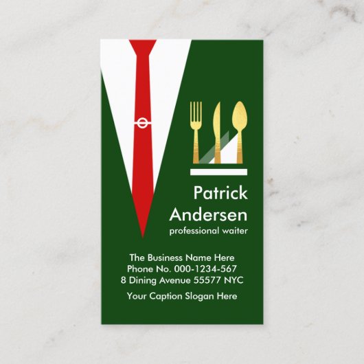Green Waiter Anzug Gold Cutlery Visitenkarte (Vorderseite)