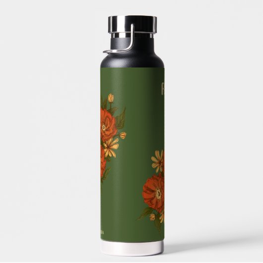 Green Water Bottle with red flowers Trinkflasche (Rechts)