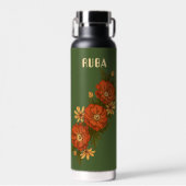 Green Water Bottle with red flowers Trinkflasche (Vorne)