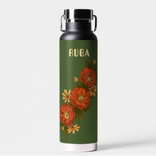 Green Water Bottle with red flowers Trinkflasche (Vorne)