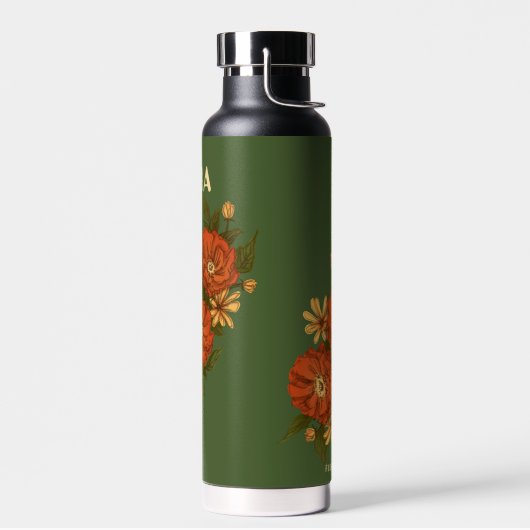 Green Water Bottle with red flowers Trinkflasche (Links)