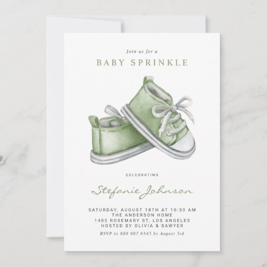 Green Watercolor Baby Shoes Baby Sprinkle Einladung (Vorderseite)