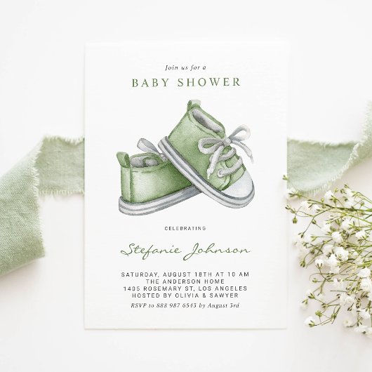 Green Watercolor Babyschuhe Kinderdusche Einladung