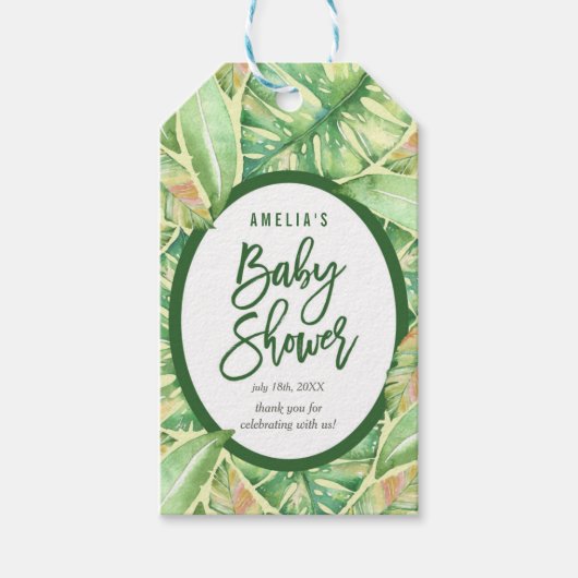 Green Watercolor Blätter Tropical Baby Shower Geschenkanhänger (Vorderseite)