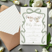 Green Watercolor Bow Clothesline Boy Baby Dusche Einladung