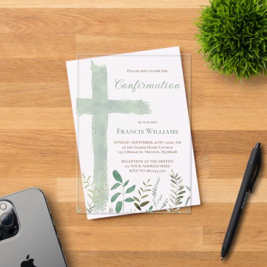 green watercolor cross Confirmation Acryleinladungen (Insitu (Einladungskarte))