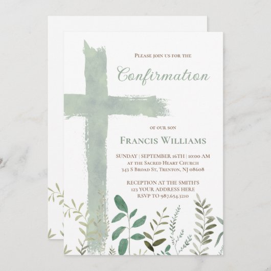 green watercolor cross Confirmation Einladung (Vorne/Hinten)