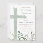 green watercolor cross First Communion Einladung (Vorderseite)