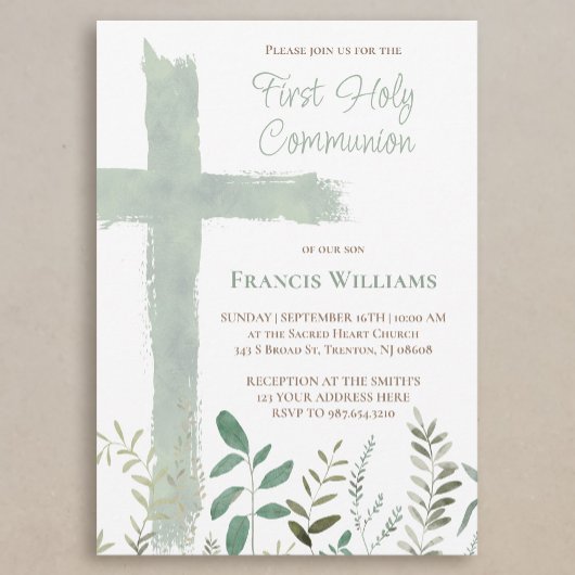 green watercolor cross First Communion Einladung
