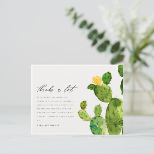 GREEN WATERCOLOR DESERT CACTUS BLUME DANKE POSTKARTE (Stehend Vorderseite)