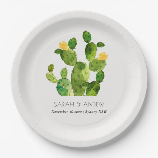 GREEN WATERCOLOR DESERT CACTUS BLUME MONOGRAMM PAPPTELLER (Vorderseite)
