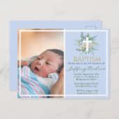 Green Watercolor Floral Faux Gold Photo Baptism Einladungspostkarte (Vorne/Hinten)