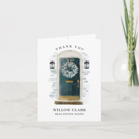 Green Watercolor Front Door & Wreath Vielen Dank Dankeskarte (Vorderseite)