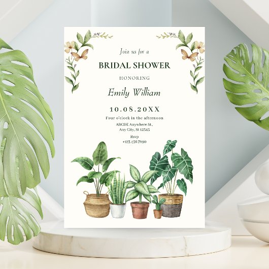 Green watercolor gardening plants bridal shower einladung