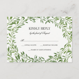 Green Watercolor Laurel Leaf Wreath Wedding RSVP Karte
