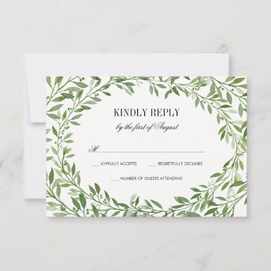 Green Watercolor Laurel Leaf Wreath Wedding RSVP Karte (Vorderseite)