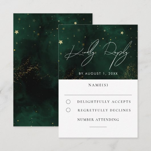 Green Watercolor Magical Gold Wedding RSVP Karte (Vorne/Hinten)