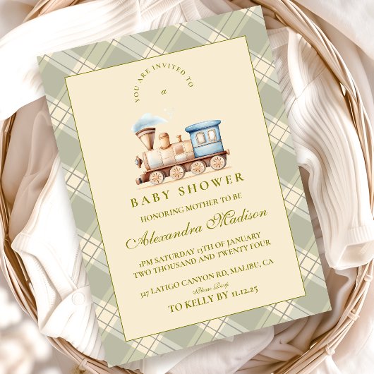 Green Watercolor Train Baby Dusche Einladung